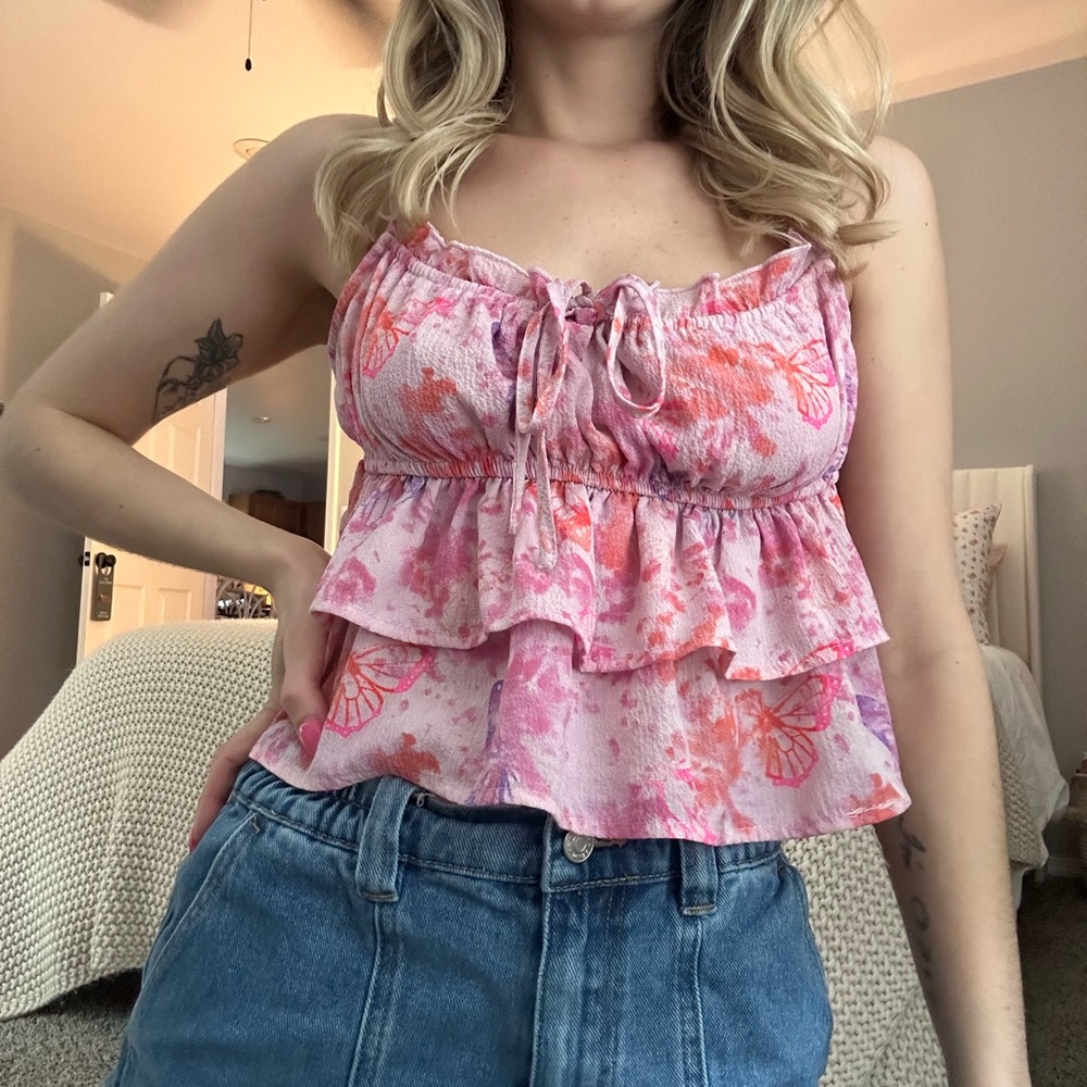 Wild Fable Pink and White Butterfly-Print Tiered Camisole